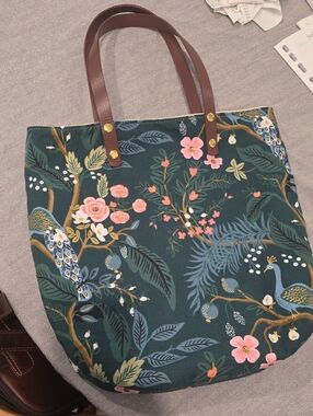 Handmade Rifle Paper Company Floral Green Canvas Tote Bag with Brown Handles